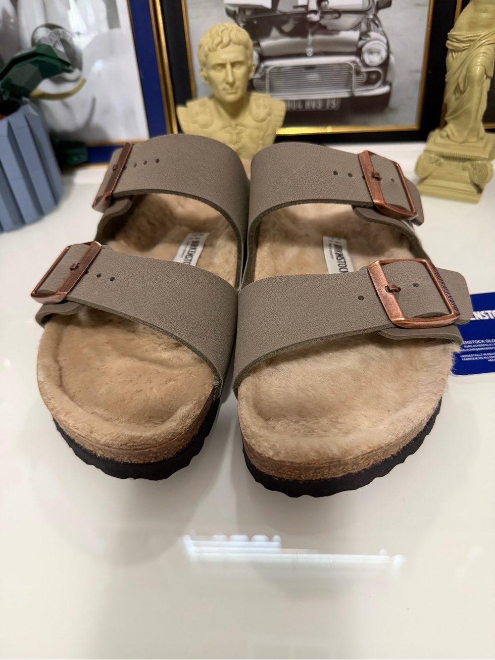 Birkenstock Women’s Taupe Two-Strap Sandals with Rose Gold Buckles - Shearling! - Picture 3 of 9